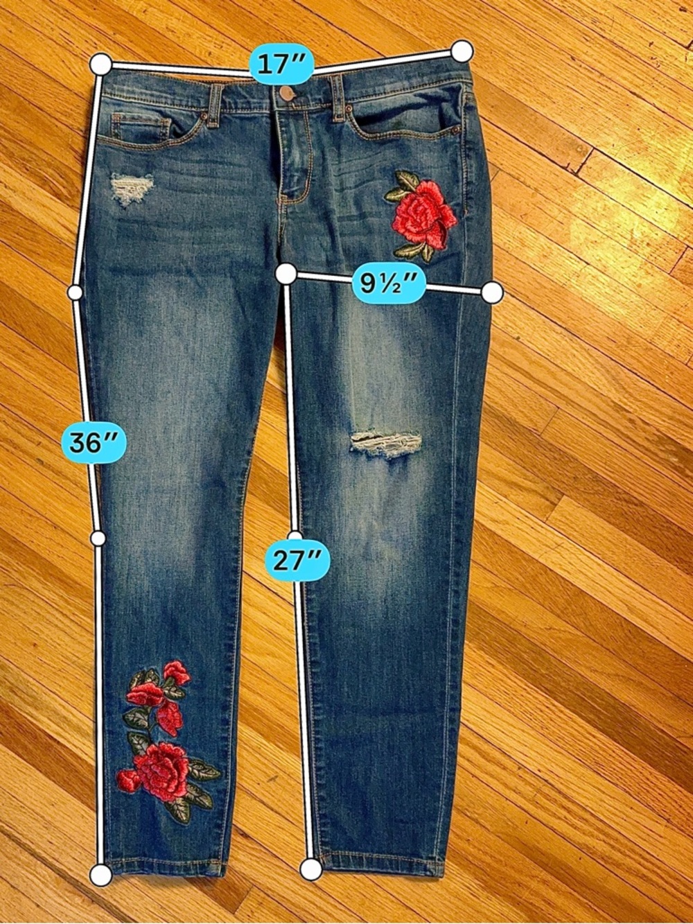New York & Company Blue Skinny Jeans with Rose Embroidery - Picture 5 of 8